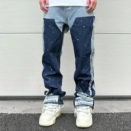 Streetwear Speckled bläckfärgsmatch Y2K baggy jeans för män lapptäcke raser fransar mikro denim byxor överdimensionerade lösa kargos 240323