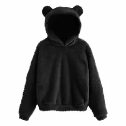 Kvinnors LG Sleeve Fleece Sweatshirt Warm Bear Shape Fuzzy Hoodie Pullover B5ek#