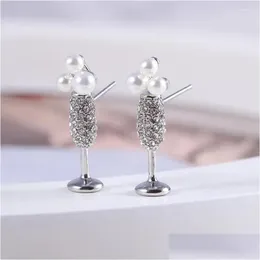 Stud Earrings European And American Accessories Wholesale Champagne Glasses Wine Inlaid With Pearl Design Goblet Ear Studs Drop Delive Ot1Rh