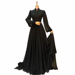 Elegant svart muslimsk kväll Dres 2024 En linje chiff veckade arabiska prom aftonklänningar för kvinnor LG Sleeve Formal Dr K17n#