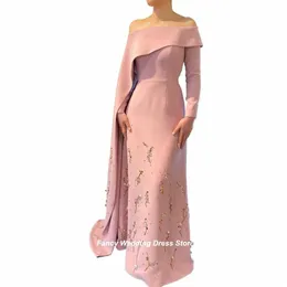 Ausgefallene elegante glänzende Perlen rosa ein Linie Abend Dr. Saudi -Arabien von Schulter LG Ärmeln Promkleid weiche Satin Formal Dres G7WA#