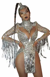wrapped Deep V-Neck Lg Sleeved Tassel Sequin Short Skirt Transparent Bar Nightclub Commercial Performance Carnival Costumes K8Af#
