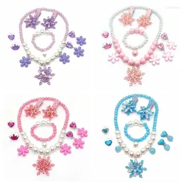 Hair Accessories Cute Girls Snowflake Hairpin Sets Kids Beaded Necklace Earrings Ring Bracelet Little Girl Pirncess Cosplay Jewelry Dress Up