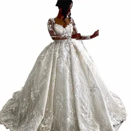 Vintage Full Lace Wedding Dres 2022 Arabiska 3D Floral illusi LG Sleeves V Neck Royal Bridal Bowns Vestidos de Novia 65L2#