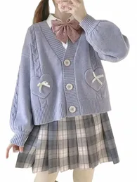 Kosahiki Japanische Kawaii Strickjacke Frauen Herz Bogen Taschen Niedlichen Pullover Mantel JK Mädchen Süße Lose V-ausschnitt Kardigan Damski C4tl #