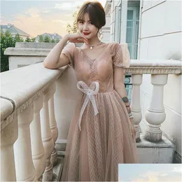 Ethnic Clothing Champagne V-Neck Lace Short Sleeve Evening Dress Bride Party Y Backless Prom Dresses Cheongsam Vestido De Festa Drop D Otvko