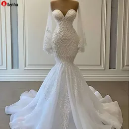 Abiti da sposa eleganti a sirena bianca Abiti da sposa Perline Applique in pizzo Abito da matrimonio arabo nigeriano Robe De Mariee Bfg