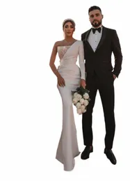 Sommer Elfenbein Saudi Arabisch Dubai Moderne Backl Hochzeit Dres Sexy Eine Schulter Pailletten LG Zug Brautkleider Nach Maß E3CM #