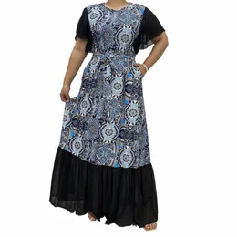 terno muçulmano elegante Abaya África plus size mulheres fi Dubai lg impressão manga curta patchwork dr Lg marroquino andar-comprimento c2pU #