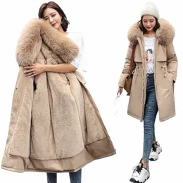 두꺼운 따뜻한 겨울 파카스 코트 여성 겨울 재킷 모피 라이너 대형 6xl 후드 깔진 여성 LG Parkas 스노우웨어 패딩 옷 o4SF#