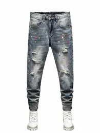 Vintage kargo tarzı erkekler skinny kot pantolon yırtık delikler ve boya sıçramaları kovboy hip hop sokak kıyafeti denim pantolon adam 93sf#