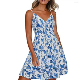 Lässige Kleider Sommerkleid V-Ausschnitt ärmellose Mini Schlinge hohe Taille Lose Saum Blumendruck Strand Urlaubs Schwung