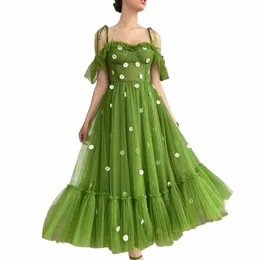 booma Green Off the Shoulder Prom Dres Spaghetti Straps Ruffles Tea-Length Prom Gowns Daisy Frs Wedding Party Dres x3TA#