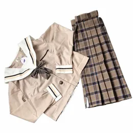 Scuola Dres College giapponese Uniforme della scuola media per le ragazze JK Uniformi Lady Sailor Suit Tea Colore marrone Plaid Gonna a pieghe J2e4 #