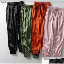 Calças femininas Capris Mulheres Calças de Cetim Casual Cor Sólida Cintura Elástica Lace-Up Lápis Drop Delivery Vestuário Roupas Dhxta