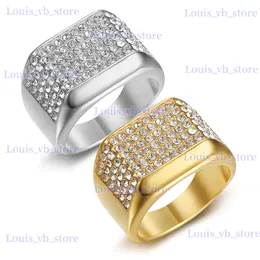 Band Rings Hip Hop Bling Iced Out Rostly Steel Geometric Square Finger Rings for Men Rapper Jewelry Gold Color Drop Shipping T240330