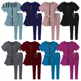 Nursing Uniform Women Summer Medical Scrubs Short Sleeve Blue With Belt Operation Room Workwear Lab Uniforms Nurse Accores L7px#