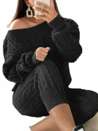 LW Plus Size Passende Sets Dropped Shoulder Strickhosen Set Lässiger zweiteiliger Pullover Dicke Pullover Anzug Damen Lg Sleeve 2ST V60W #