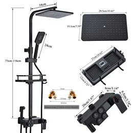 Siyah Termostatik LCD Duş Musluk Seti Sıcaklık Ekran Yağış küveti ile banyo rafı ile su ile elektrik