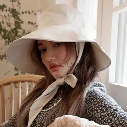 Wide Brim Hats Bucket Large French Style Strappy for Cotton Outdoor Beach Sun Hat Foldable Portable Elegant Ribbon Panama H240330