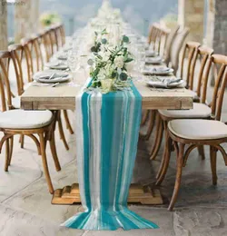 Table Runner Abstract Cyan Turquoise Texture Sheer Chiffon Country Wedding Party Tulle Voile Cloth Home Decoration yq240330