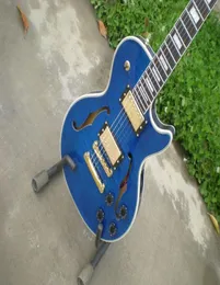 Personalizado lp guitarra elétrica corpo semi-oco mogno maple chama f buraco ouro ferragem cor azul8301713