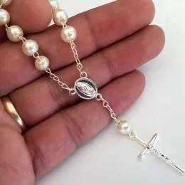 Pulseiras 40 lembrancinhas de batismo com sacos de organza branco banhado a prata lembrança de batismo mini rosário recuerditos para bautizo lembrança de batizado