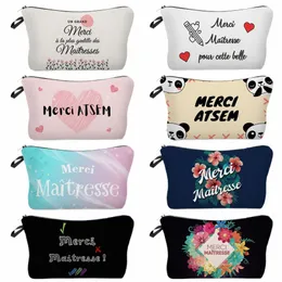 Lärares dag Graduati Gift Cosmetic Bag Pouch Travel Super Atsem Merci Maitre Print Neceser Makeup Bag Organizer Women D49n#