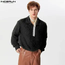 Men's Casual Shirts INCERUN Tops 2024 American Style Fashion Feather Plush Patchwork Male Personality Long Sleeved Blouse S-5XL