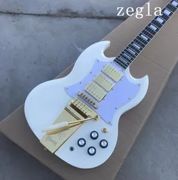 Custom Shop 1968 SG Personalizado Polaris Branco Duplo Cutaway Guitarra Elétrica Versão Longa Maestro Vibrola Gold Tremolo Birdge 3 Pickups2242990