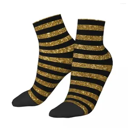 Meias masculinas preto e dourado glitter listras vintage tornozelo masculino homens mulheres meias de inverno impressas