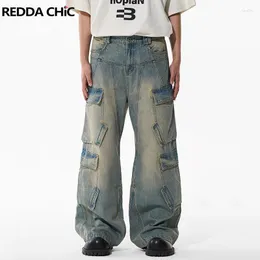 Jeans da uomo REDDACHiC tasche patchwork cargo larghi da uomo blu sbiancato elastico in vita anni '90 retrò skater pantaloni larghi Y2k casual streetwear