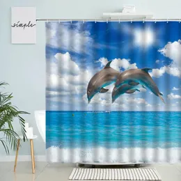 Shower Curtains Dolphin Ocean Scenery Curtain Marine Animals Blue Sky White Cloud Beach Natural Bathroom Waterproof Screen With Hook Sets