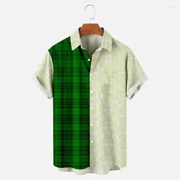 Camisas casuais masculinas Dia de São Patrício Trevo de quatro folhas xadrez camisa impressa uso diário fim de semana outono algemado verde escuro