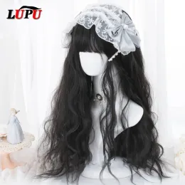 Peruker lupu lolita syntetiska hår peruker för kvinnor lång våg blond svartrosa peruk med lugg cosplay halloween hög temperatur fiber