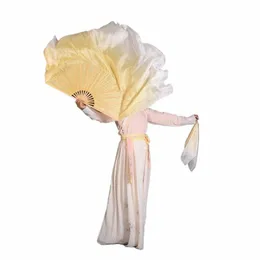 Véu de Seda Real 1 Pai Yangko Dança Fan Bambu Costelas Duas Camadas Meio Mo Extra Lg Flowy Dancer Performance Props Bege Gold F12s #
