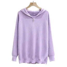 4XL Plus Size maglione con cerniera donna 2023 primavera colore solod con cappuccio in maglia pullover manica lunga maglione oversize vestiti curva o8ku #