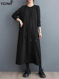 Casual Dresses Yzjnh 2024 Autumn Dress Women's Loose Ribbon Design Enkla och mångsidiga svarta långa kvinnor