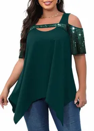 Plus Size Summer Fi Sequin T-shirt Top Women Casual Loose Sexy Off Shoulder Short Sleeved Oregelbundna toppkvinnor S8H1#