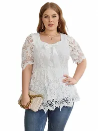 gibsie Plus Size Sweetheart Neck Knot Frt Lace Blouse Women Summer Short Sleeve Sweet Casual Ladies White Blouses Tops 2023 E66E#