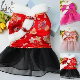 Cão vestuário vestidos de inverno estilo chinês abotoado roupas para animais de estimação textura vintage punhos delicados gato filhote de cachorro saia vestido de princesa para o ano