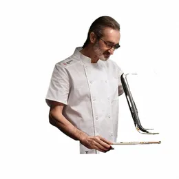 Macacão de manga curta respirável fino jantar hotel cantina traseira roupas cozinha chef uniforme masculino verão wear R0AZ #