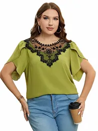 Gibsie Plus Größe Solide Krawatte Zurück Ctrast Spitze Oansatz Blusen Frauen 2023 Neue Sommer Kurzarm Elegante Lose Tops Bluse 72ZP #