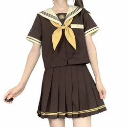 JK Dreizeilige braune Matrosenanzüge LgShort Sleeve Japanische Schulmädchenuniformen Graduati Faltenrock Anime Cos Kostüme J7wL #