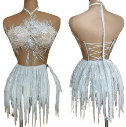 White Snow Backl Sexy Fringe Women Sheer Dr Dance Outfit Pearls Stage Stage Singer Wear Drag Queen Costume 9448#