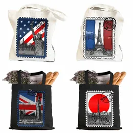 Jahrgang Paris LD Amsterdam New York Tokio Berlin Stempel Frauen Leinwand Schulter Handtasche Tote Cott Shop Strand Baguette Tasche j0TZ #