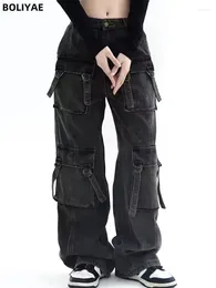 Calças de brim femininas boliyae multibolso calças de carga mulheres y2k moda vintage baggy harajuku streetwear em linha reta larga perna denim calças preto