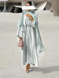Abbigliamento etnico Eid 3 pezzi Abaya Kimono Wrap Front Maxi Gonna Set coordinato Donna Hijab musulmano Abito Nida Perline Islam Dubai Turchia Outfit