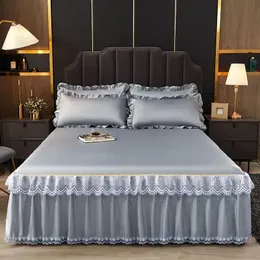 Wostar luxo rendas cama saia verão colcha sólida cetim rayon roupa de cama casal único duplo rainha rei tamanho folha 240322