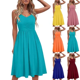 2024 Summer Womens Dress Solid Color Spaghetti Strap Beach Casual Loose Party A Line Midi Camisole Sundress Robe 240321